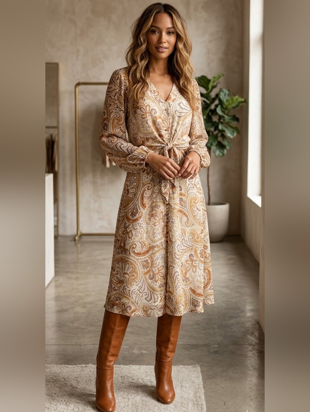 Boho Country Cowgirl Paisley Midi Dress Tie-Waist Sz 6 Prarie Western Neutral
